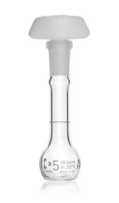 DURAN®-Messkolben, Kl. A, Chargenzertif., 5 ml, blaue Beschriftung, 2 Stück