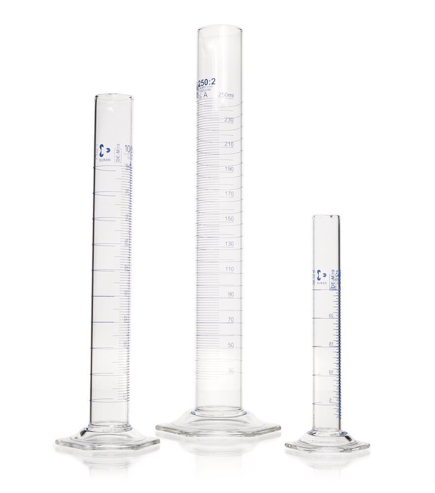 DURAN®-Messzylinder, Kl. A, Grad. blau, 50 ml, Teilung 1 ml, hohe Form, 2 Stück