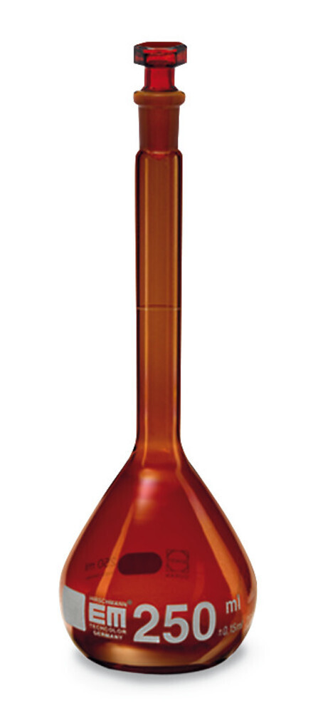 Volumetric flasks with glass stopper, class A Brown glass, 250 ml, 14/23, 2 Piece(s)