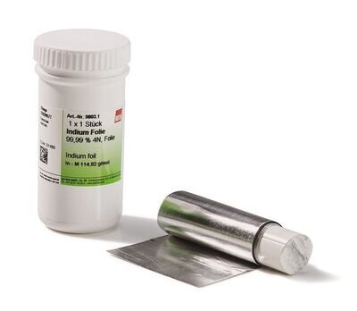 Indium, 99,99 % 4N, Folie, 10 g, Molare Masse (M) 114,82 g/mol, Dichte (D) 7,29 g/cm³, Siedepunkt (Sdp) 2080 °C, CAS Nr. [7440-74-6], EG-Nr. 231-180-0, Summenformel In, 1 Stück
