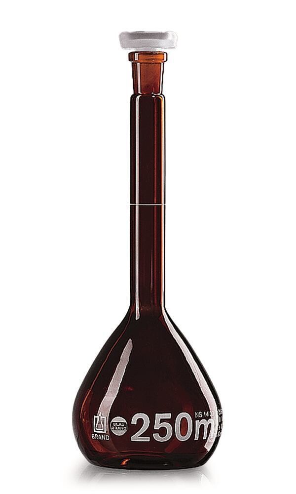 Matraces aforados BLAUBRAND® clase A Vidrio marrón, tapón de PP, 50 ml, 14/23, 2 Pieza(s)