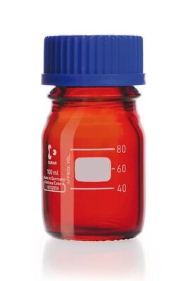 Flacon à vis DURAN® en verre brun avec anneau verseur et bouchon à vis en PP, 100 ml, GL 45, 10 Pièce(s)