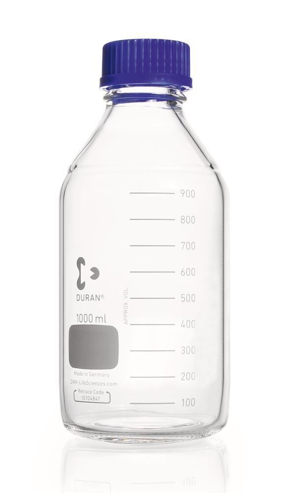 Bottiglia con tappo a vite DURAN® in vetro trasparente con anello versatore e tappo a vite in PP, 1000 ml, GL 45, 10 Pezzo(i)