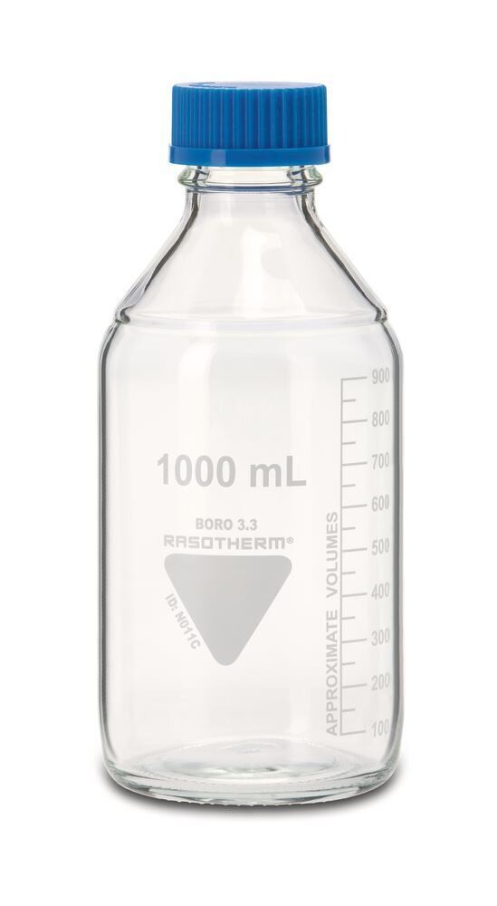 Gewindeflasche RASOTHERM Klarglas, 1000 ml, mit Schraubverschluss und Ausgießring aus PP, 10 Stück