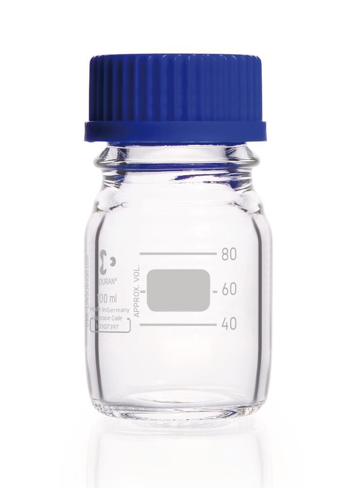 Screw top bottle DURAN® clear glass with pouring ring and PP screw cap, 100 ml, GL 45, 10 Piece(s)