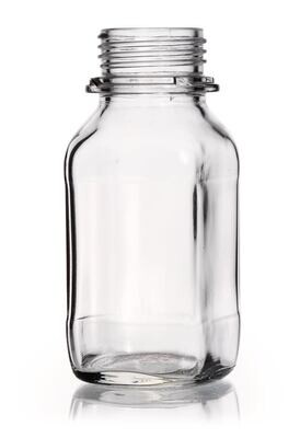 Vierkant-Weithalsflasche, 250 ml, Klarglas, Gewinde 45, kurze Form, 10 Stück