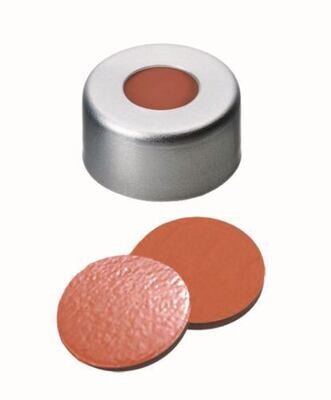 Crimp caps ROTILABO® ND11 with borehole, Natural rubber orange red / butyl red / TEF transparent, 100 Piece(s)