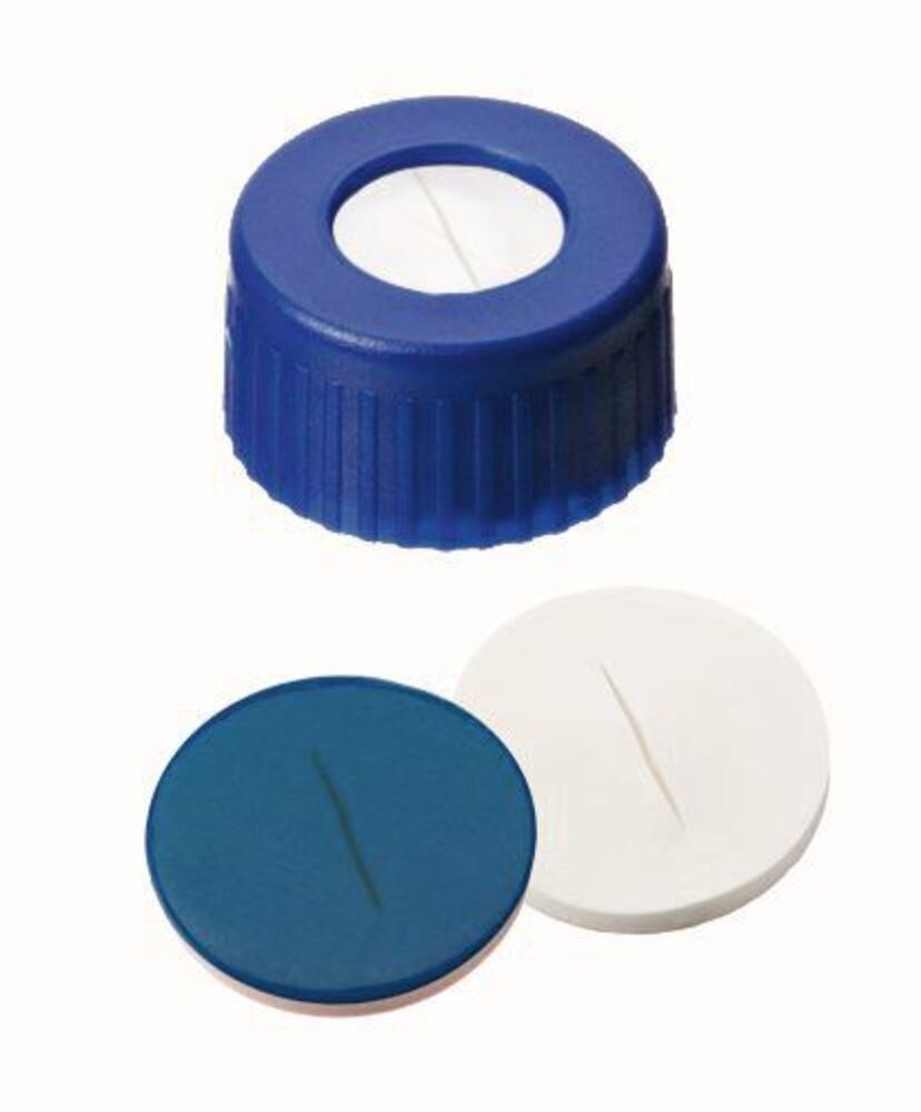 Schraubkappen mit Bohrung, PP, ND9, Septum Silik./PTFE geschlitzt, 1,0mm 55°, 100 Stück