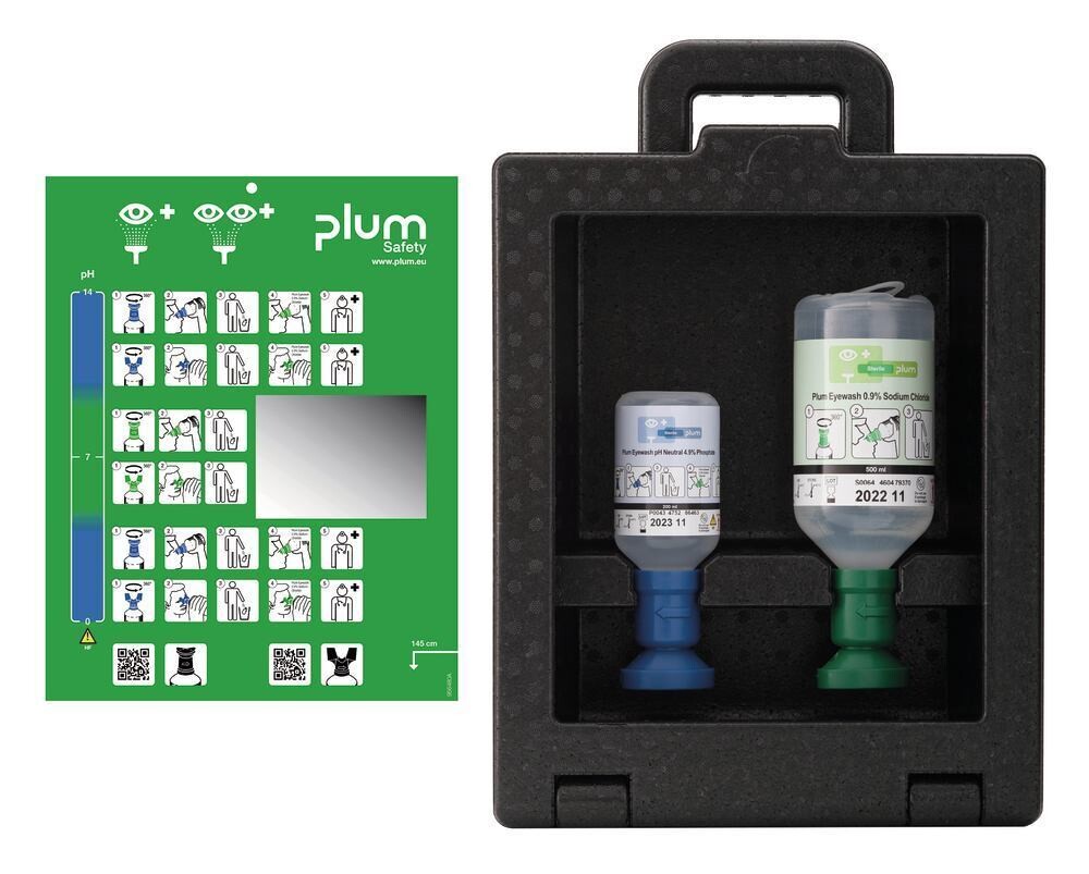 Station de lavage des yeux Plum iBox 2 avec 1 x collyre 500 ml et 1 x pH neutre 200 ml, 1 pièce