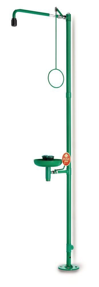 Combination emergency shower for floor mounting Splash shower with eye shower with collection tray, 1 piece