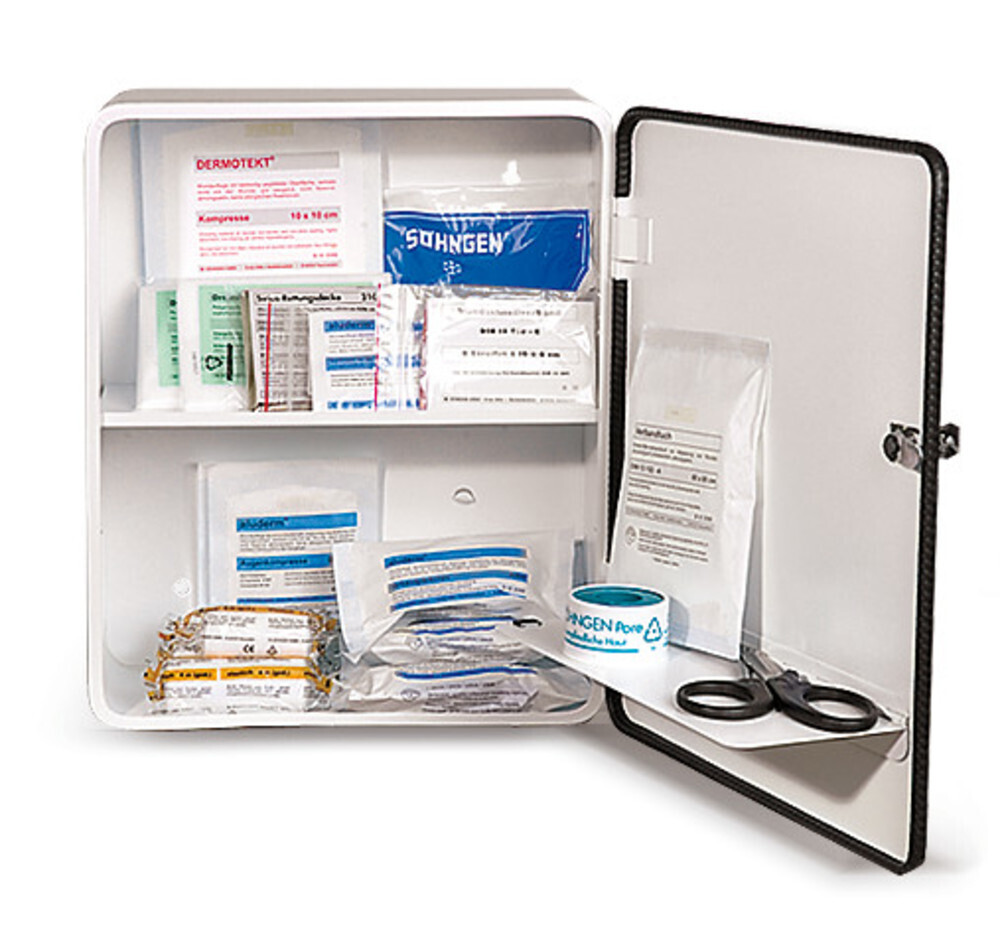 First aid cabinet with filling, according to DIN 13157, 302 x 140 x 362 mm, 1 piece