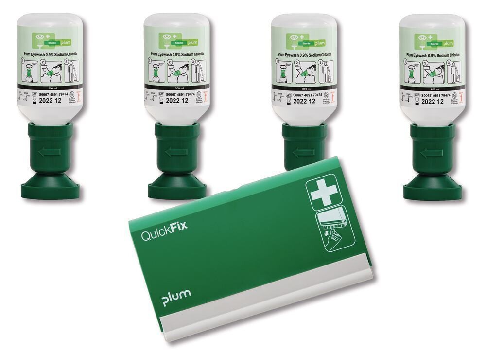 Eyewash Bottle Promotional Set, 4 eyewash bottles with QuickFix plaster dispenser empty, 200 ml, 1 Set