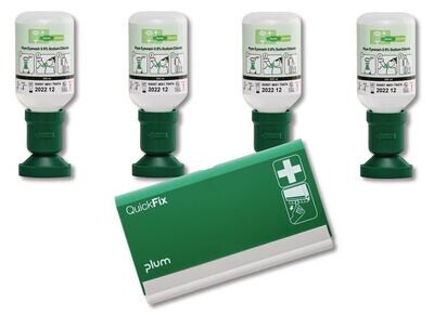 Set promozionale flaconi lavaocchi, 4 flaconi lavaocchi con dispenser di cerotti QuickFix vuoti, 200 ml, 1 set