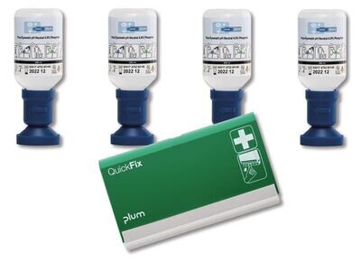 Bottiglia lavaocchi pH neutro Set promozionale, 4 bottiglie lavaocchi con dispenser di cerotti QuickFix vuote, 1 set