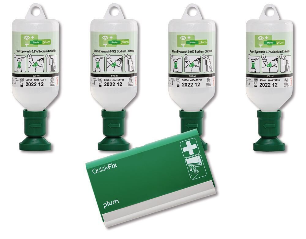 Eyewash Bottle Promotion Set, 4 eyewash bottles with QuickFix plaster dispenser empty, 500 ml, 1 Set