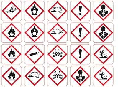 GHS hazard pictogram assortment, Signal words caution/danger, 15 x 27 mm, 25 pieces