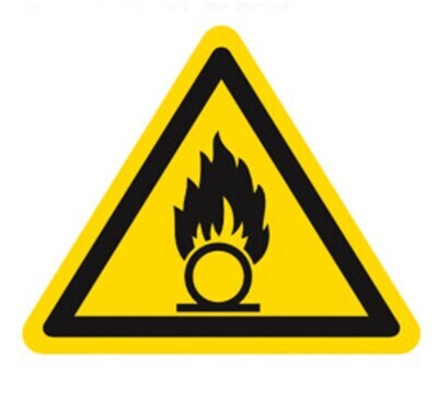 Symbole d&#39;avertissement selon ISO 7010 Étiquette individuelle, Substances comburantes, Longueur de côté 200 mm, 1 pièce