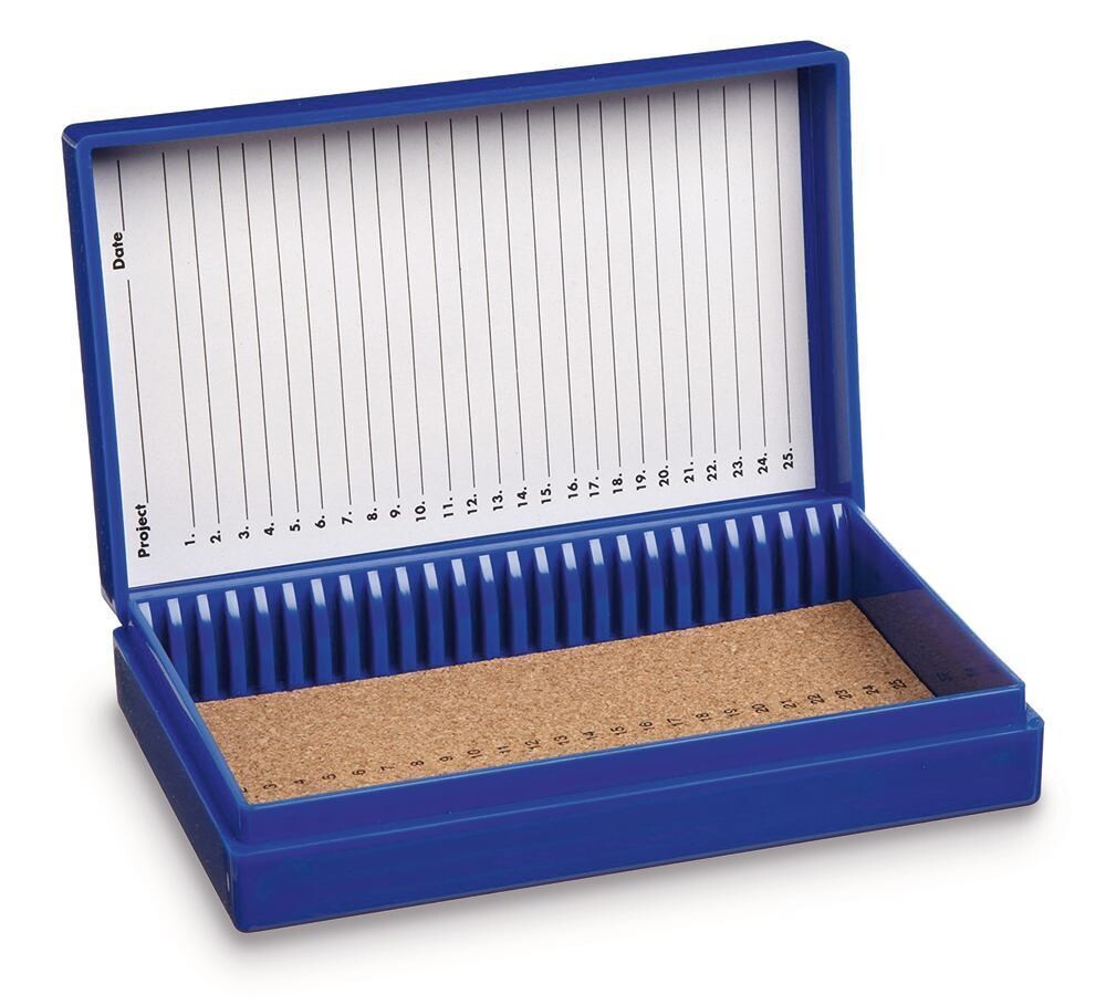 Specimen slide boxes ROTILABO® Hinged lid, Number of spaces required, 25, blue 1 piece