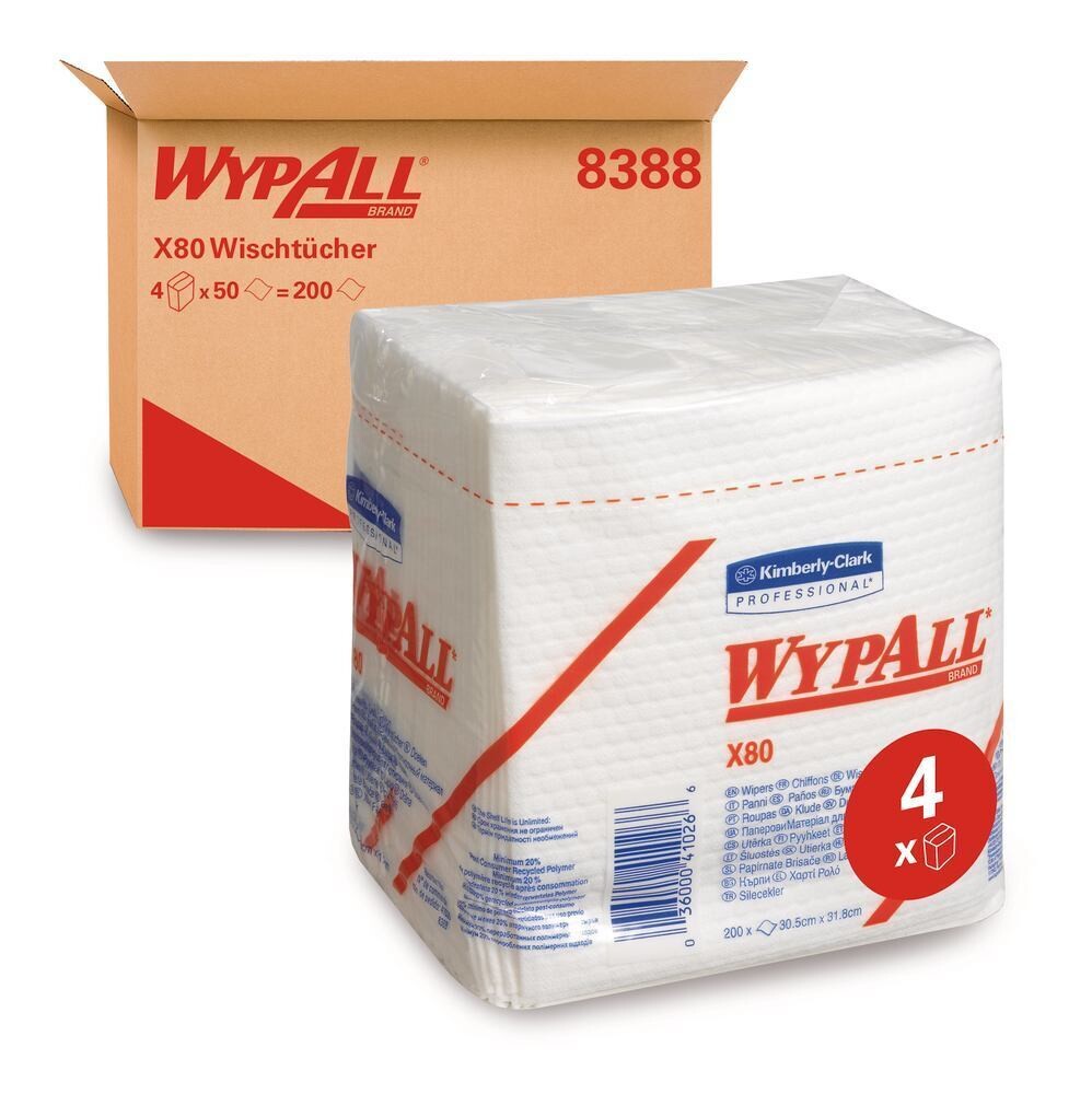 Multiple cleaning cloths WYPALL® X80 Cloths folded in four in a bag of 200 pcs