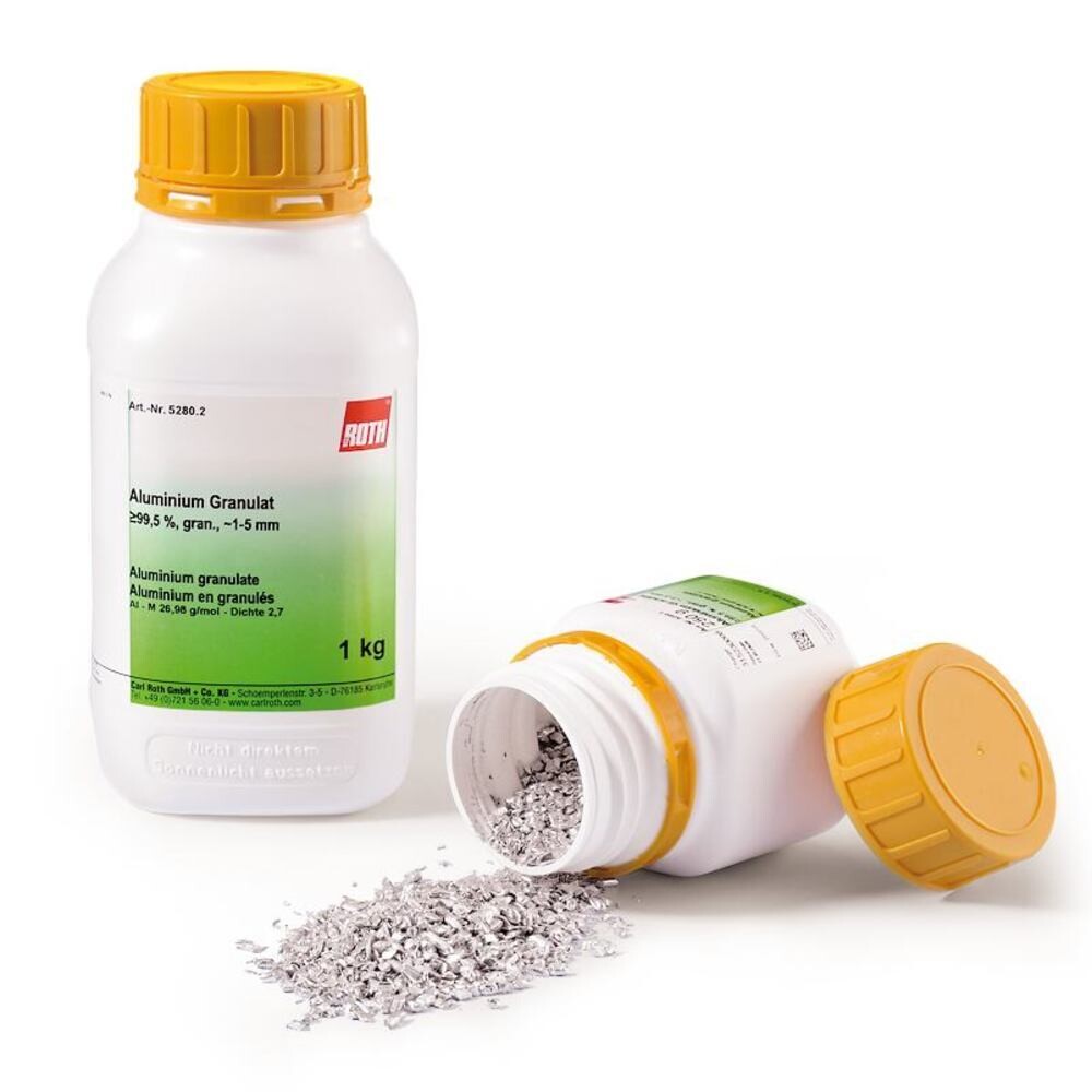 Aluminum granules, min. 99%, approx. 1-5 mm, 1 kg, plastic packaging.