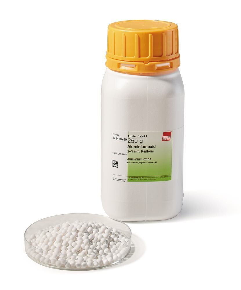 Alumina, 2-5mm, bead form, 250g, plastic wrap.