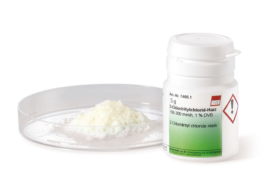 2-Chlorotrityl chloride resin, PEPTIPURE®, 100-200 mesh, 1% DVB, 25 g, plastic wrap.