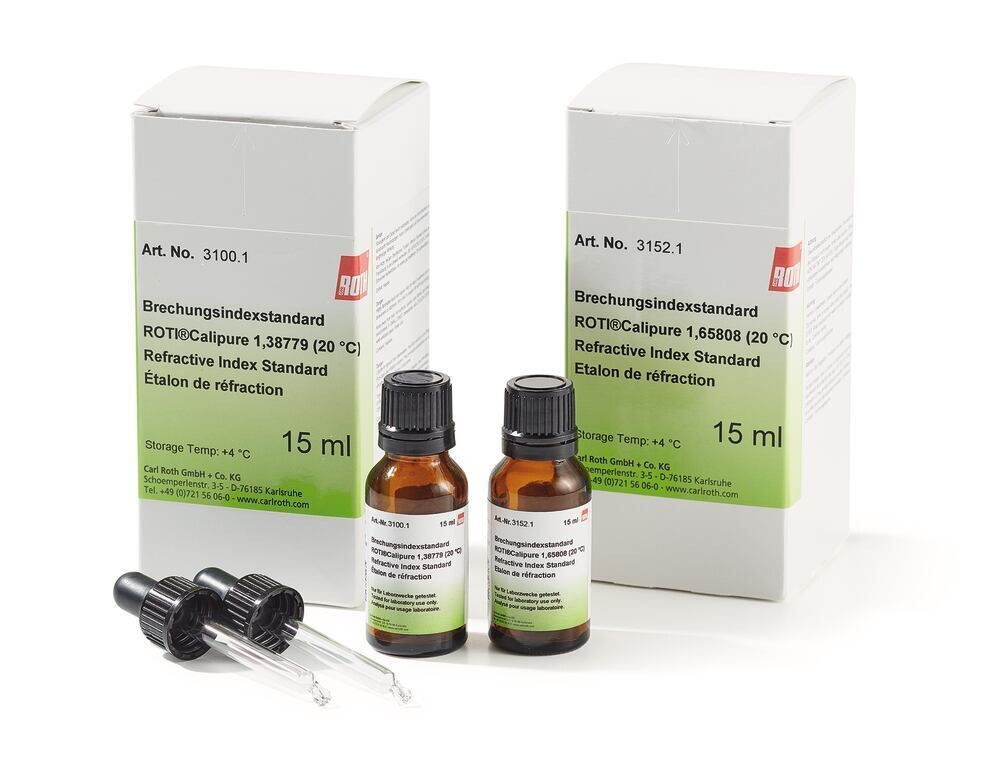 Refractive index standard, ROTI®Calipure, 1.46768 (20 °C), 15 ml, glass packaging