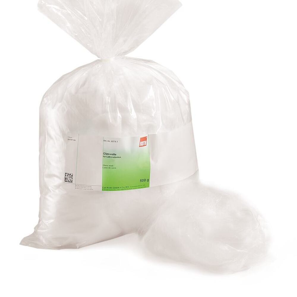 Glass packaging wool 8 µm, from chem. durable glass packaging, DIN 1259-1, 500 g, plastic packaging.