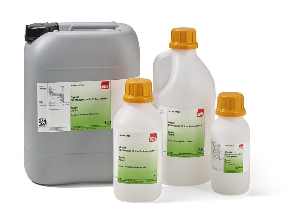 Glycerin, SOLVAGREEN® min. 98%, Ph.Eur., palm free, 2.5 l, plastic packaging.