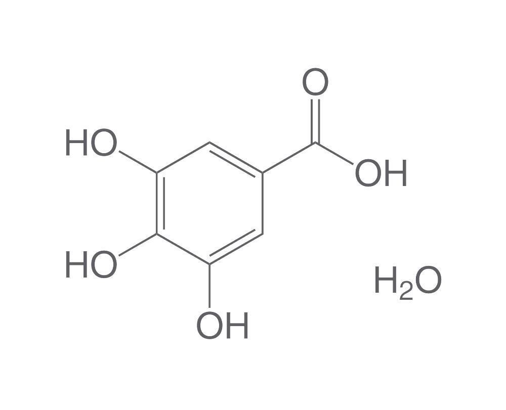 Monohidrato de ácido gálico, mínimo 99%, 50 g, envase de plástico.