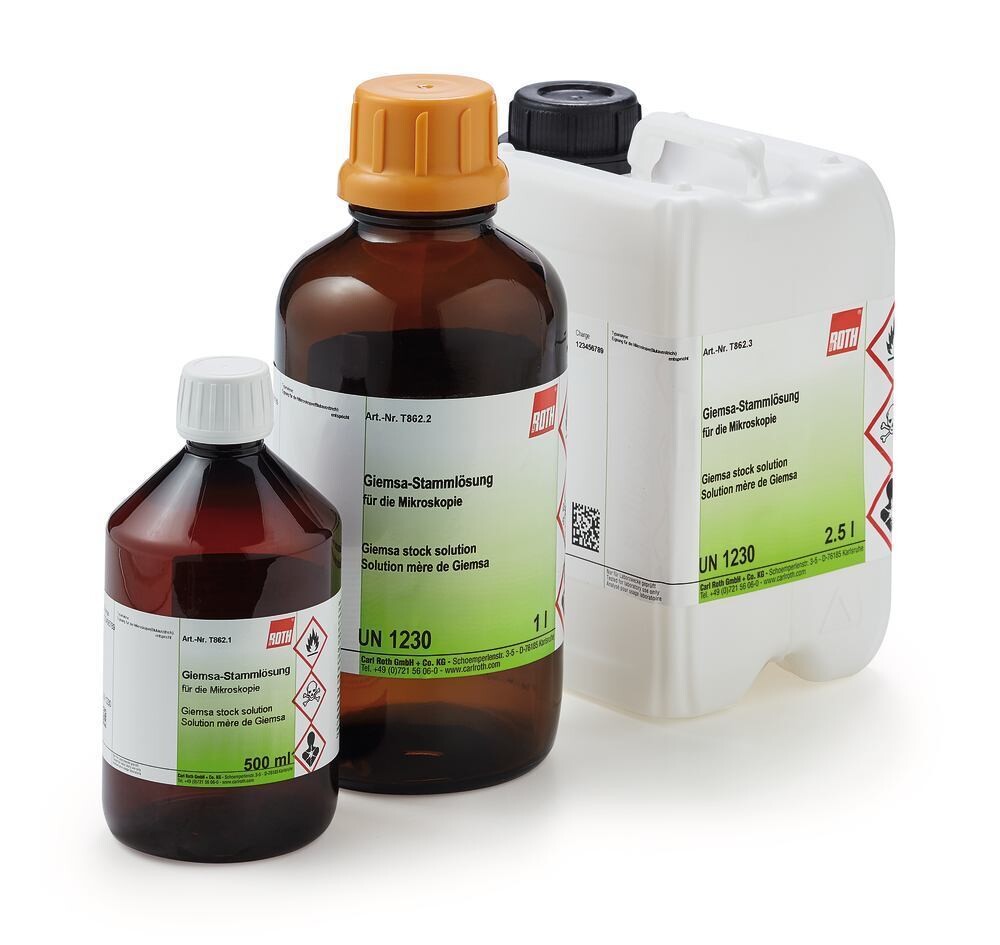 Giemsa stock solution, for microscopy, 500 ml, plastic packaging.
