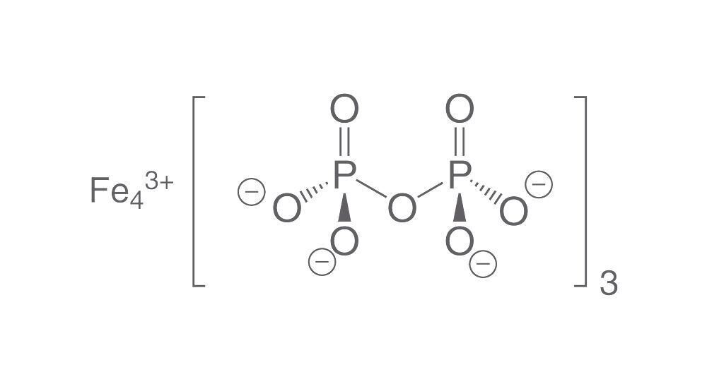 Ferric pyrophosphate hydrate, 21% Fe, pure, 500 g, plastic packaging.