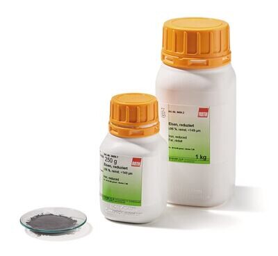 Polvere di ferro, ridotta, minimo 96%, ultrapura, &lt;149 µm, 250 g, confezione in plastica.