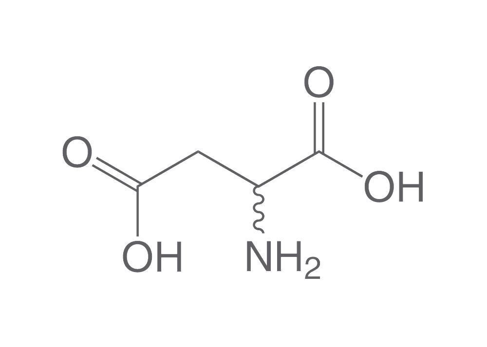 Acido DL-aspartico, minimo 98%, per biochimica, 25 g, confezione in plastica.
