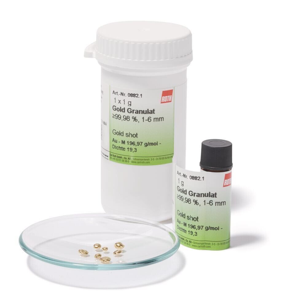 Gold granules, min. 99.95%, 1-6 mm, 5 g, glass packaging