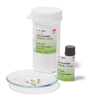 Granulés d&#39;or, min 99,95 %, 1-6 mm, 1 g, emballage en verre