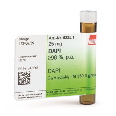 DAPI, mínimo 98 %, para bioquímica, 25 mg, envase de vidrio