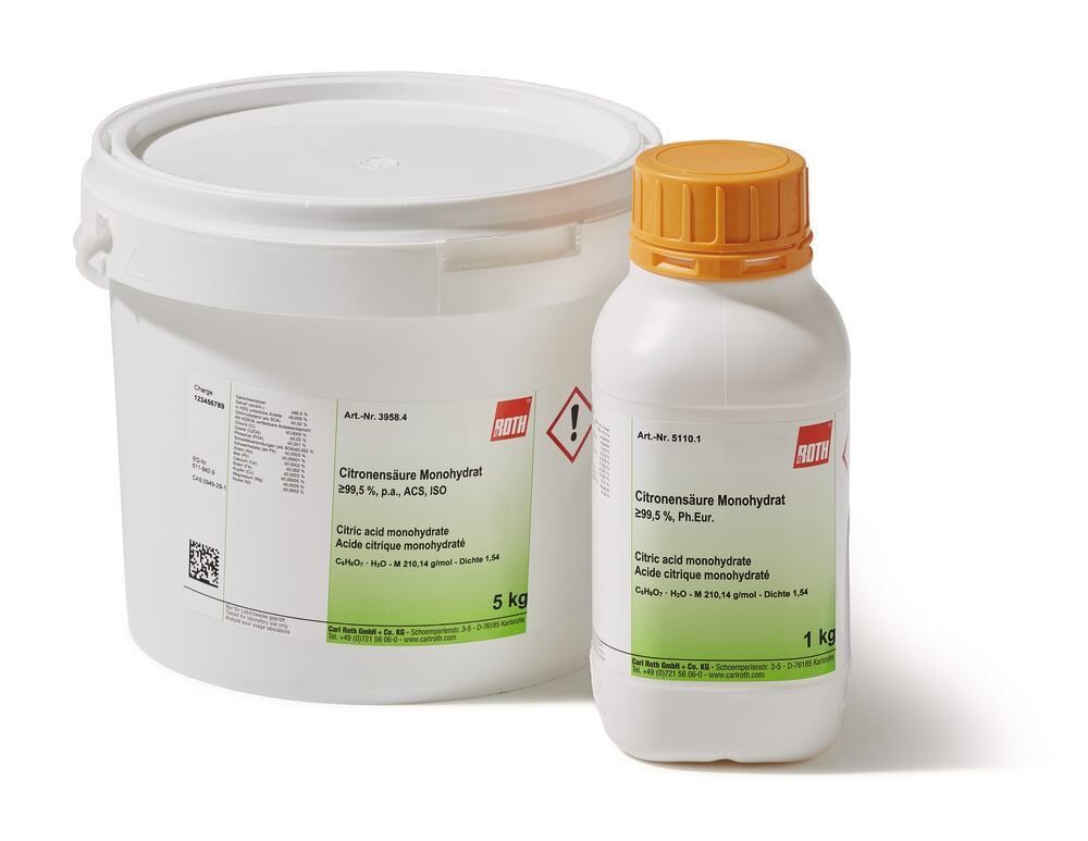 Citric acid monohydrate, min. 99.5%, Ph.Eur., 25 kg, plastic packaging.