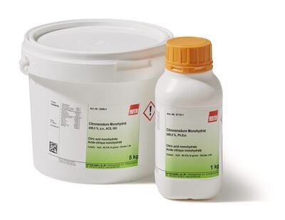 Citric acid monohydrate, min. 99.5%, Ph.Eur., 25 kg, plastic packaging.