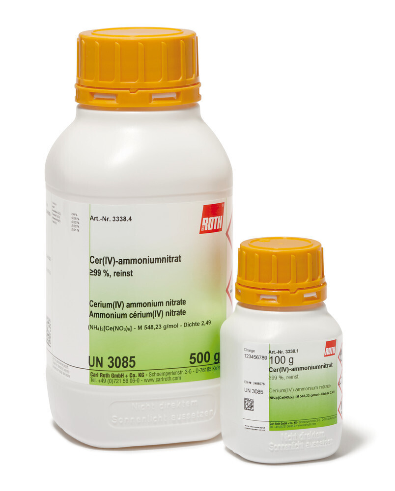Cerium(IV) ammonium nitrate, min. 99%, ultra pure, 100 g, plastic packaging.