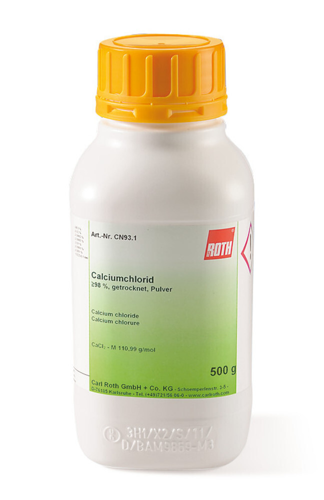 Calcium chloride, min. 98%, dried, powder, 25 kg, plastic bag.