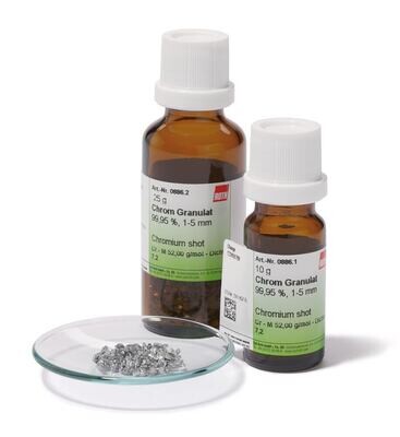 Chrome granules, min. 99.95%, 1-5 mm, 100 g, glass packaging