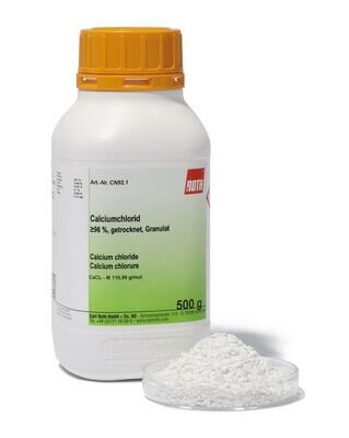 Calcium chloride, min. 96%, dried, granules, 2.5 kg, plastic packaging.