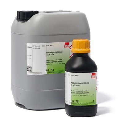 Solución de hipoclorito de sodio, 12% Cl, 1L, bolsa de plástico.