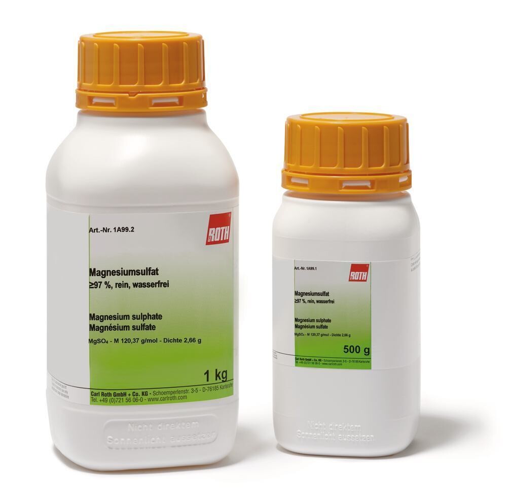 Magnesium sulphate, min. 97%, pure, anhydrous, 2.5 kg, plastic packaging.
