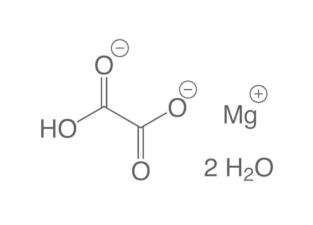 Oxalato de magnesio dihidrato, mínimo 99 %, puro, 500 g, envase de plástico.