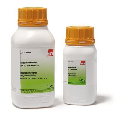 Magnesium sulphate, min. 97%, pure, anhydrous, 10 kg, plastic packaging.