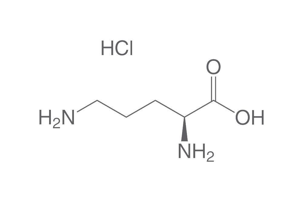 L-ornitina monocloridrato, minimo 99%, per biochimica, 25 g, confezione in plastica.