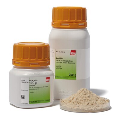 Lecithin, min. 97 %, aus Sojabohnen, GVO-frei, f.d. Biochemie, 100 g, kunststoffverpackung.