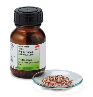 Copper balls, min. 99.9%, 100 g, glass packaging